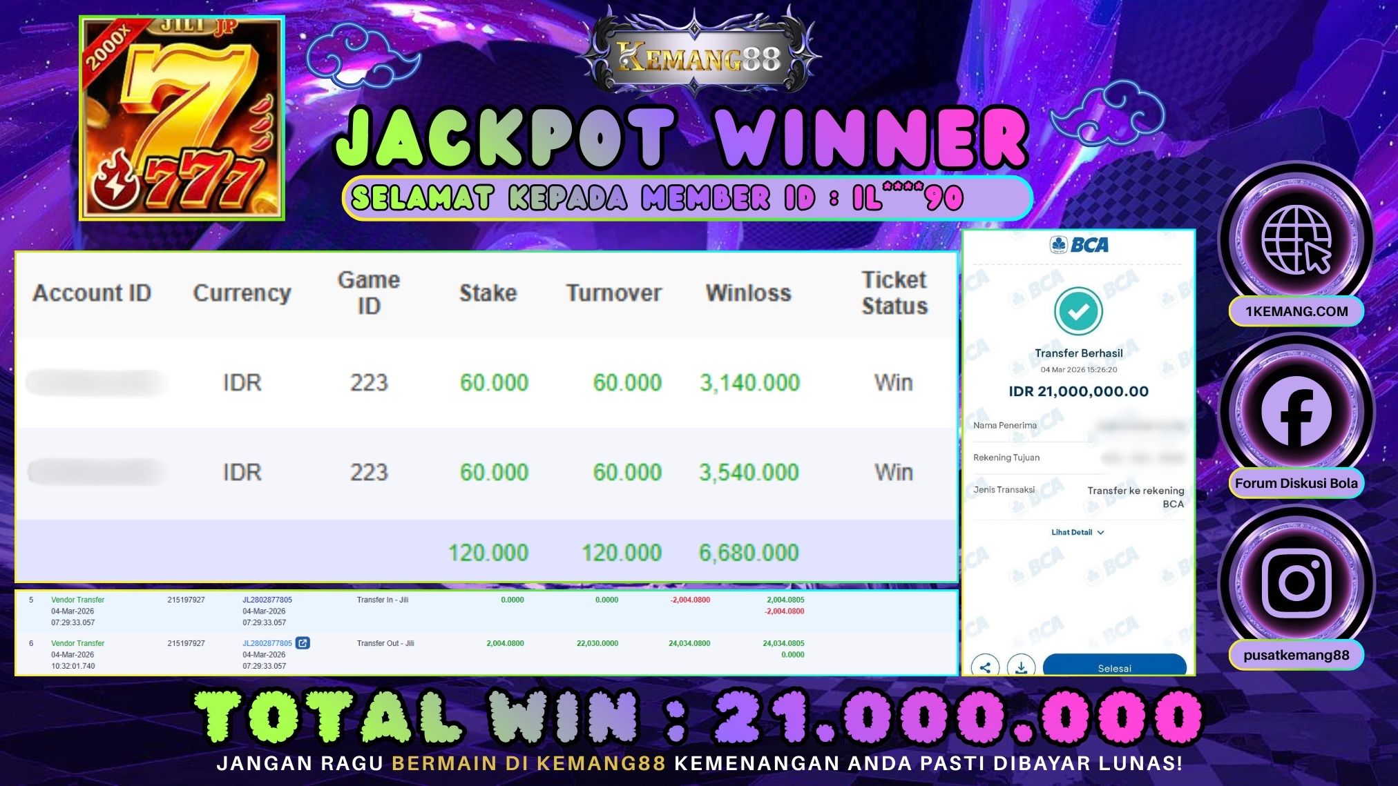 KEMANG88 [04 Maret 2026] : JACKPOT SLOT : SEVEN SEVEN SEVEN [JILI] Rp. 21.000.000.,- LUNAS